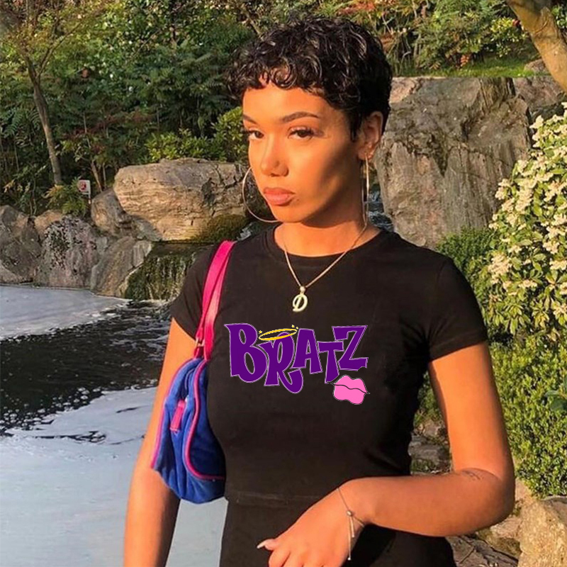 Streetwear 90s Summer Y2k Womens Clothing Bratz Letter Printing Black Crop Tops Oneck Vintage Casual Short Sleeve Tshirts 220702