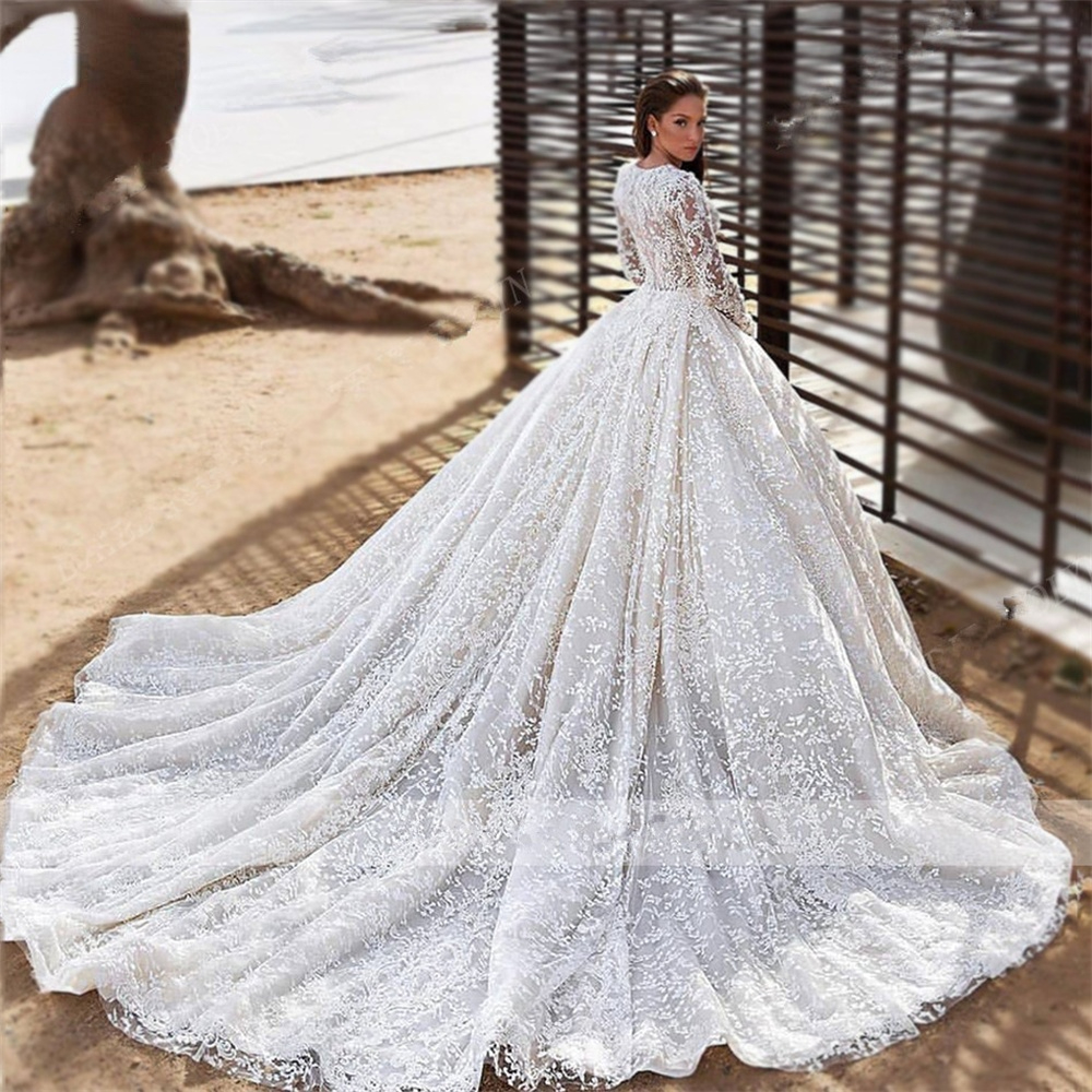 Princess Wedding Dresses Puffy Skirt Long Sleeve Tulle Lace Crystal Beaded Bridal Gown New Design Custom Made UPS