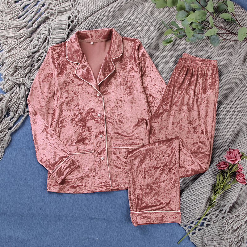 HiLoc Purple Velvet Pajamas Women Sets Long Sleeve Home Suit Winter Sleepwear Warm Lounge Wear Double Pockets Female Set Casual 220329