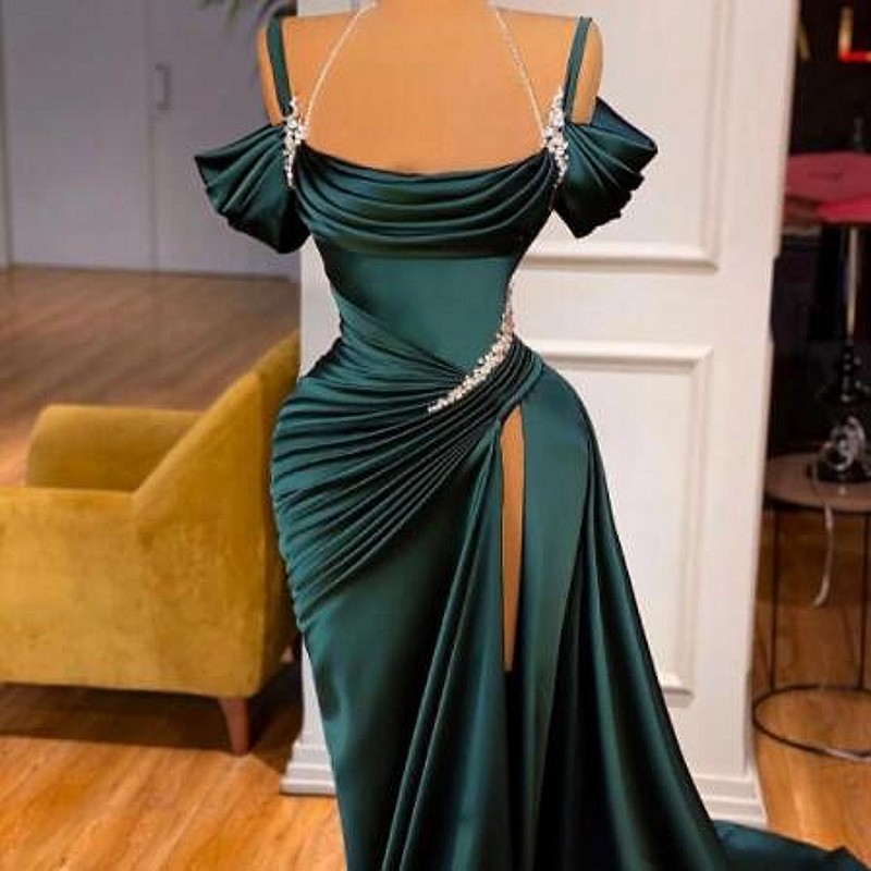 High Split Mermaid Prom Dresses With Beading Sequins Pleats hunter green arabic Satin Slit Evening Dress vestido de novia