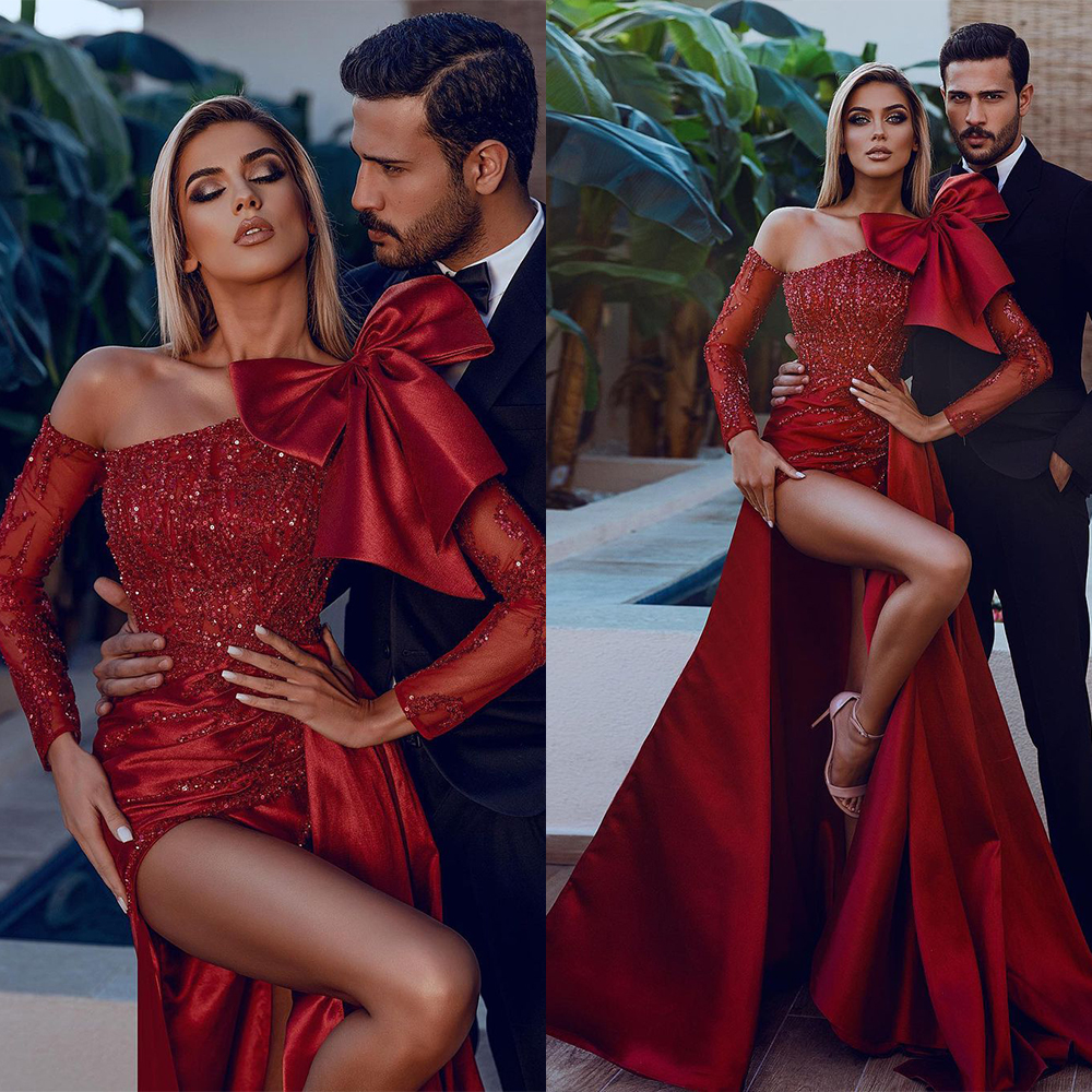 Sexy Red Satin Prom Dress High Split One Shoulder Full Sleeve Evening Dresses Sexy Sequined Bow Knot Formal Gowns