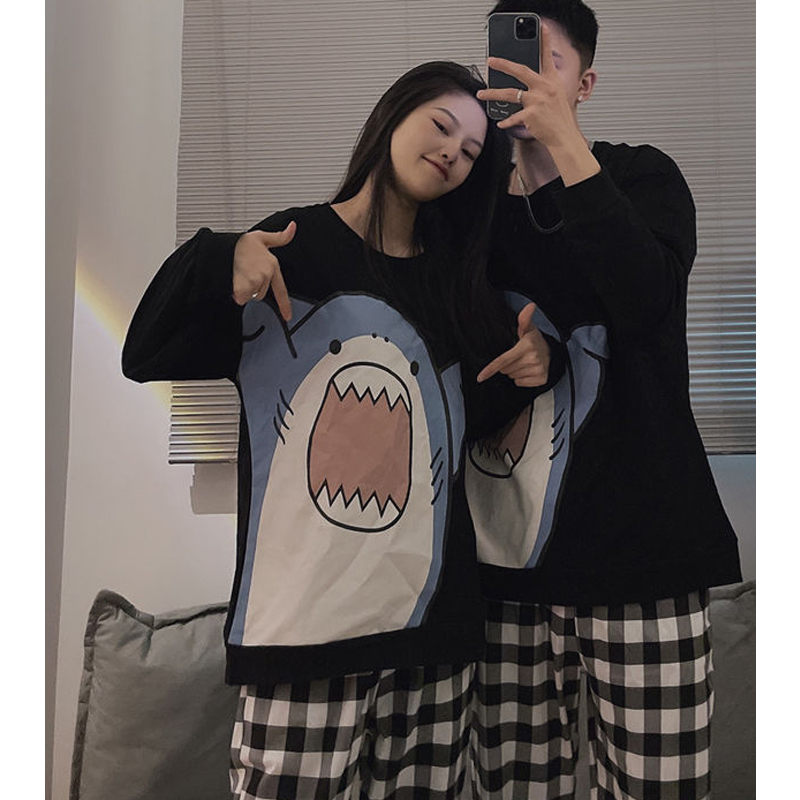 QWEEK Cute Shark Print Women's Pajamas Autumn Couple Plaid Sleepwear Black Pijama Kawaii Long Sleeve Pyjamas Loungewear Suit Pjs 220329