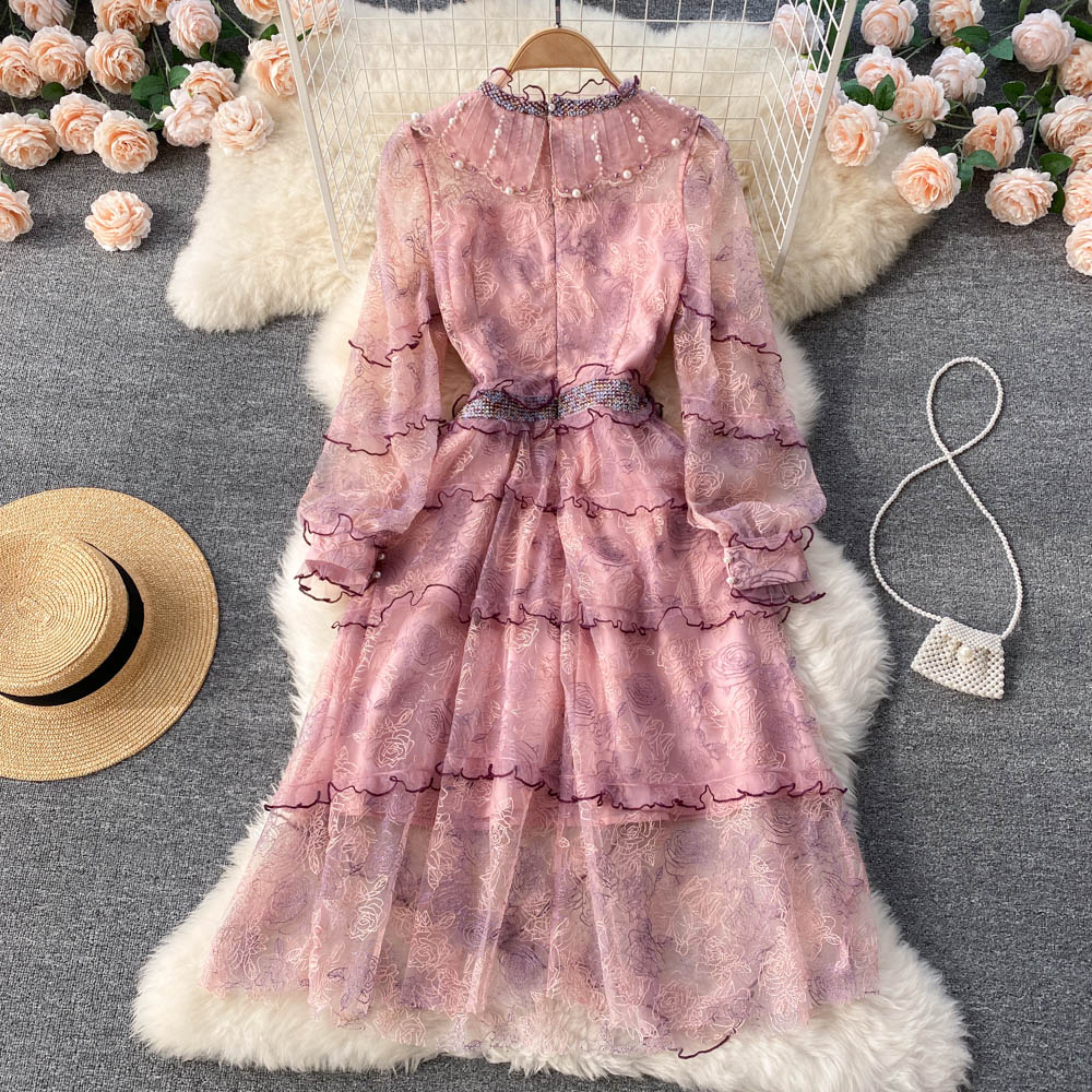 Floral French Style Long Dress Summer Women Zipper Beading Long Sleeves Embroidery Ladies A Line Slim