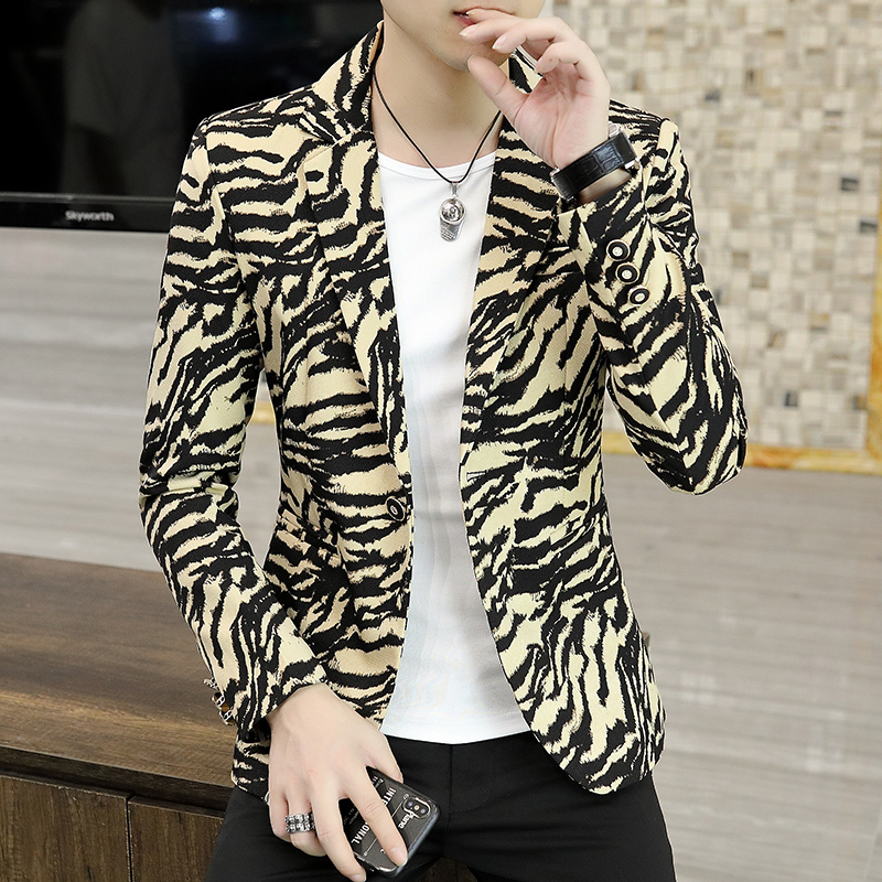 Men Personality Suit Jacket Hair Stylist Printed Small Suit Casual Jacket Korean Handsome Night Show Zebra Print Men's Blazer 220520