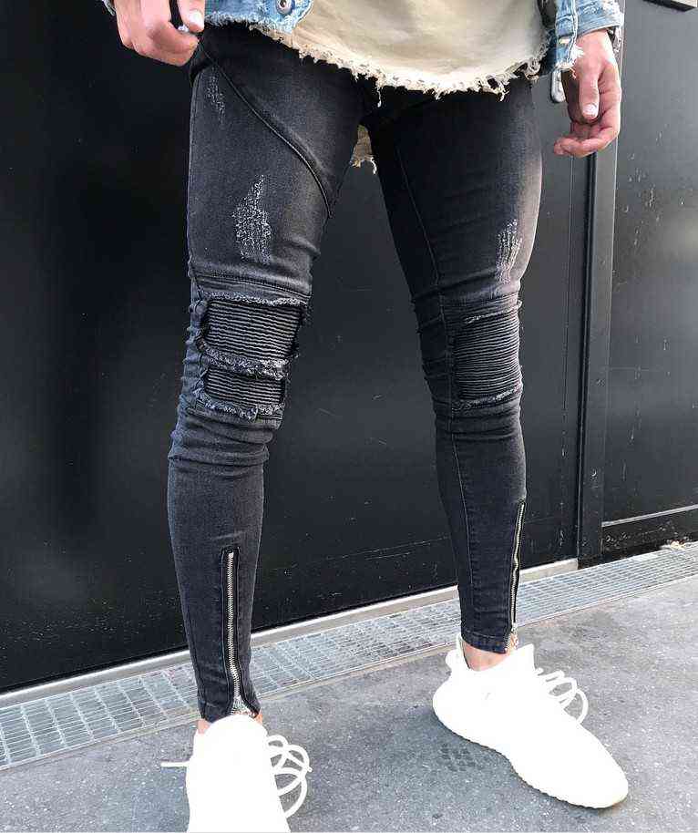 2017 New Men Hip Hop Zipper Ripped Biker Jeans Fashion Slim Fit Motorcycle Jeans Men Distressed Holes skinny Denim Joggers pants G0104