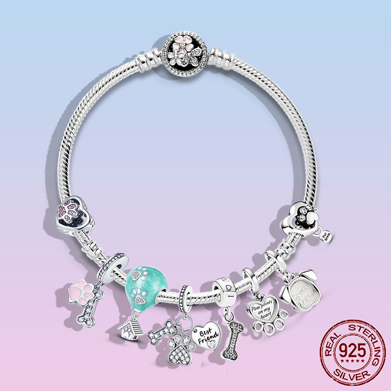925 Sterling Silver Dangle Charm Dog Paw Charms Best Friend Heart Beads Bead Fit Charms Bracelet DIY Jewelry Accessories
