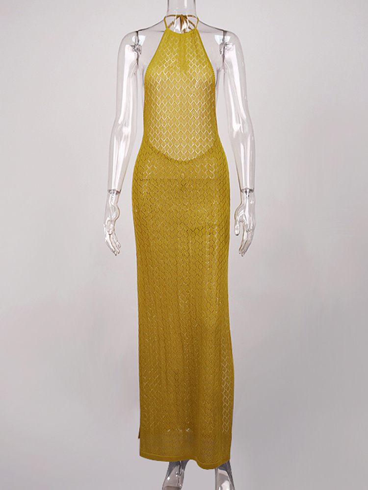 Asia Knitted Summer Dress Backless Cut out Stretch Halter Tie up Solid Color Maxi Dresses for Women Party Club Sexy Robe 220511