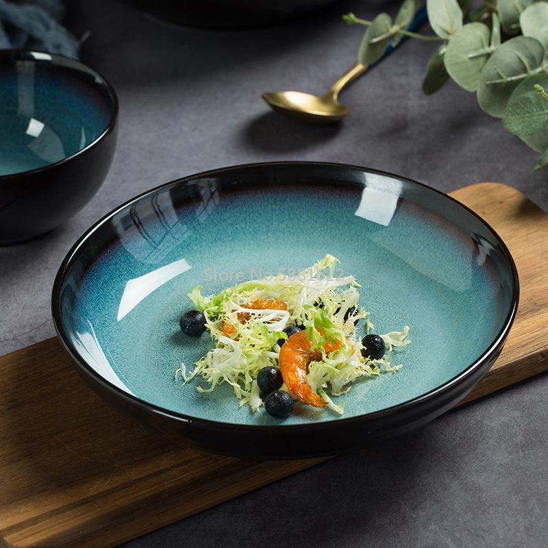 

Dishes & Plates Japanese Style Ceramic Dish Combination Tableware Kiln Blue Rice Noodle Bowl Soup Steak Plate Fish Dinner, 3.5 inch dish