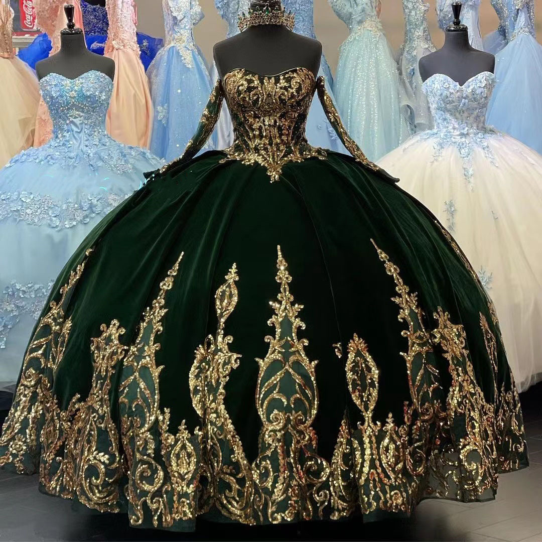 Sparkly Green Velvet Quinceanera Dresses Ball Gown Sequin Appliques Graduation Gowns Birthday Party Wear Sweet 15 16 Dress