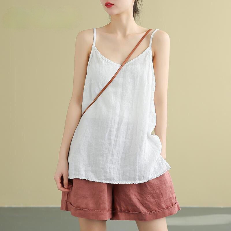Women's Tops Spaghetti Strap Camis Cotton Linen V Neck Loose Tank Sleeveless Linens Casual Women Summer Camisole 220316