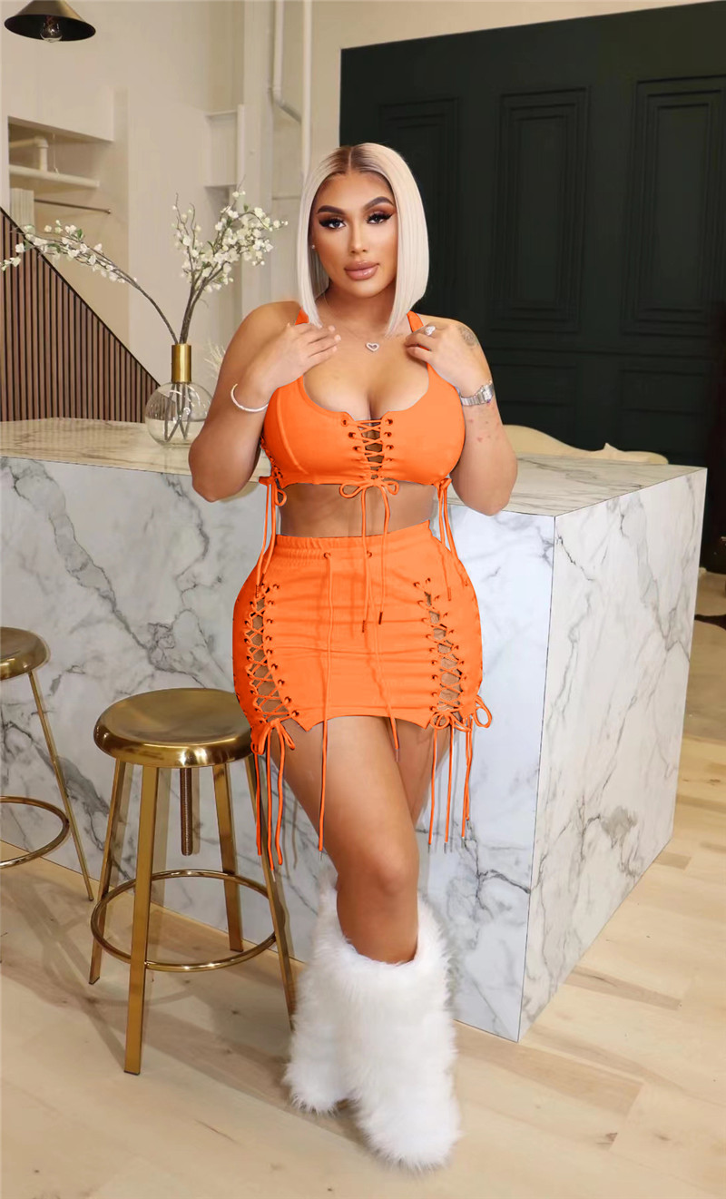 New Wholesale Sexy Women Dress Sets Summer Skirt Suits Sexy V neck Bandage Crop Top+hollow Out Mini Skirt Matching Set Night Club Wear Bulk 7339