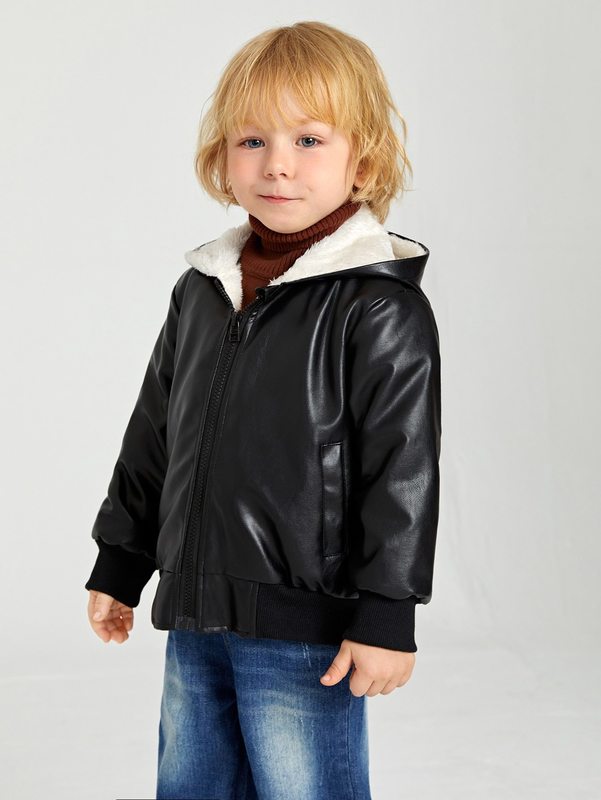 Toddler Boys Zipper Hooded Teddy Lined PU Leather Jacket SHE