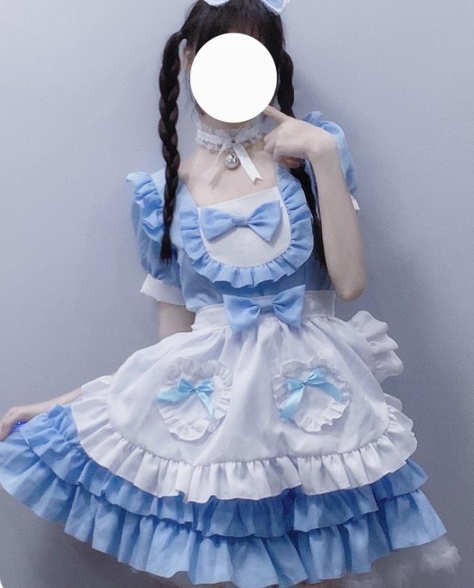 Anime Maid Apron Costumes Lolita Fancy Dress Cosplay House Women's Sweetheart Dress Headwear Neckalce Set Blue Pink Black