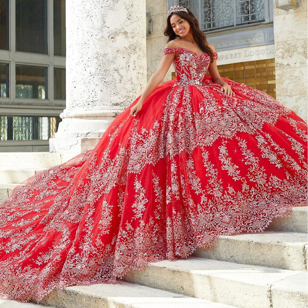 Red Lace Ball Gown Quinceanera Dresses Sequined Off The Shoulder Princess Prom Gowns Sweep Train Tulle Sweet 15 Masquerade Dress