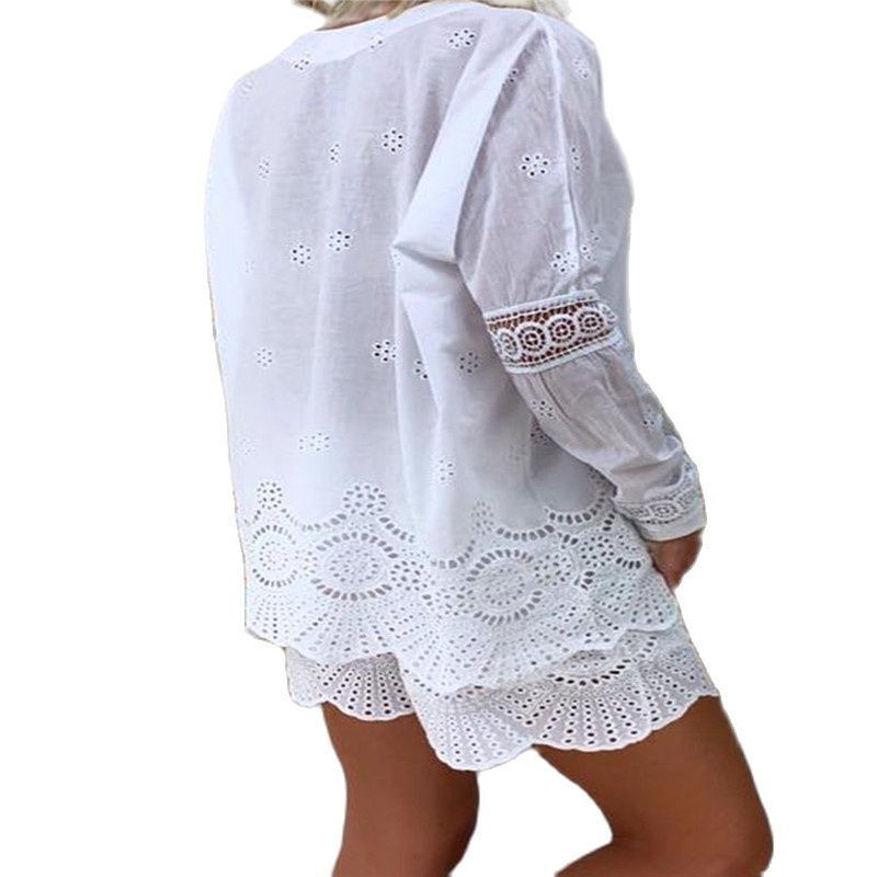 Summer White Two Piece Women Casual s Long Sleeve Elegant Drawstring VNeck Plus Size Shorts Mujer Set 220611