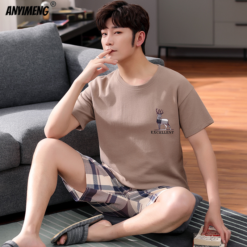Mens Big Size Lounge Wear Fashion Cotton Pajamas Summer Short Pj Set Khaki Deer Printed Stylish Plaid Homewear 3xl 4xl Nightwear 220511