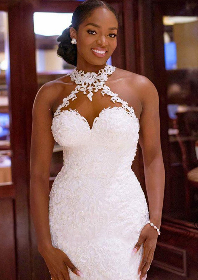 Mermaid Lace Applique Wedding Dress Sexy Halter Sleeveless Bridal Gowns Plus Size Robe De Mariee 0505 0505