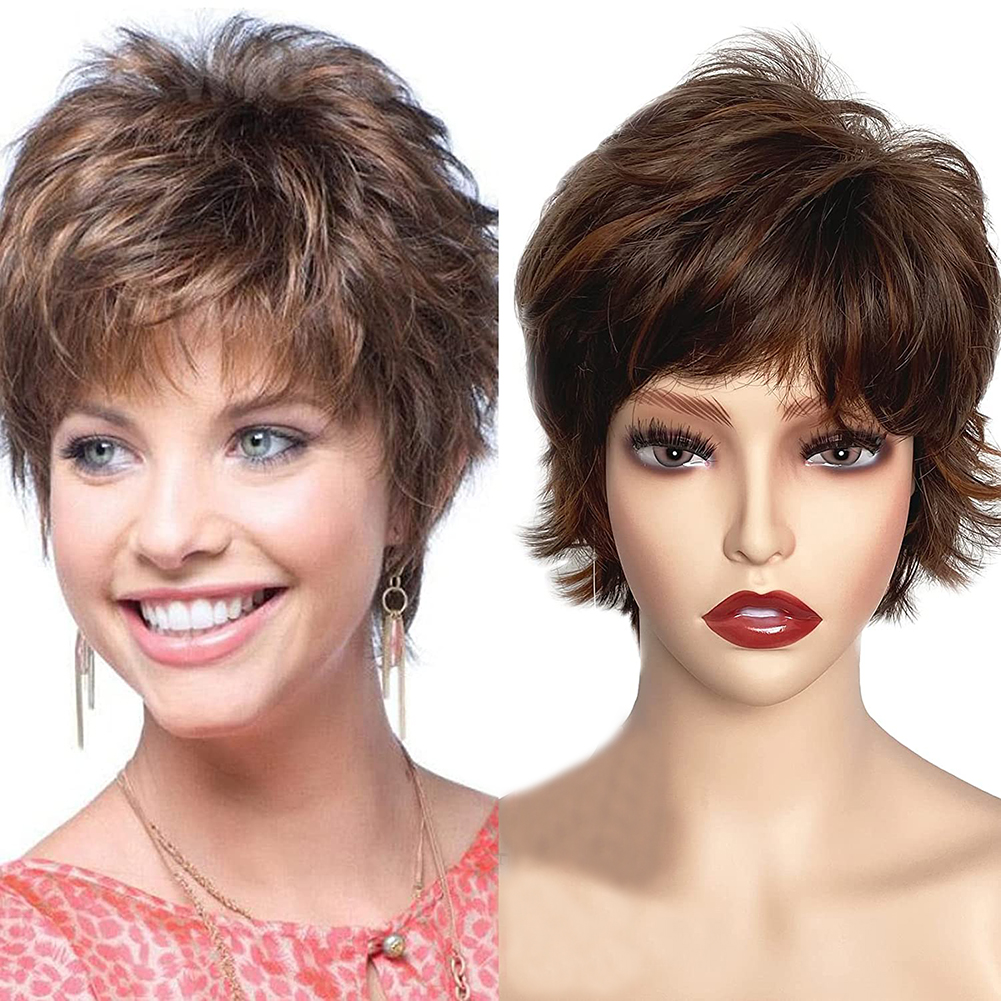 Short Ombre Blond Brown Pixie Cut Wig Dark Root Straight Layered Synthetic Hair for Black White Women
