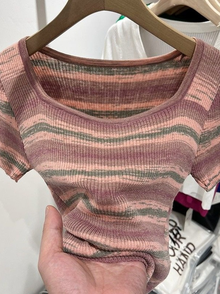 Summer T Shirt Women Oversized Woman Clothes Female Tops Short Sleeve Tee s Tube Top Y2k Knit Canale Stripe Tshirt 220714