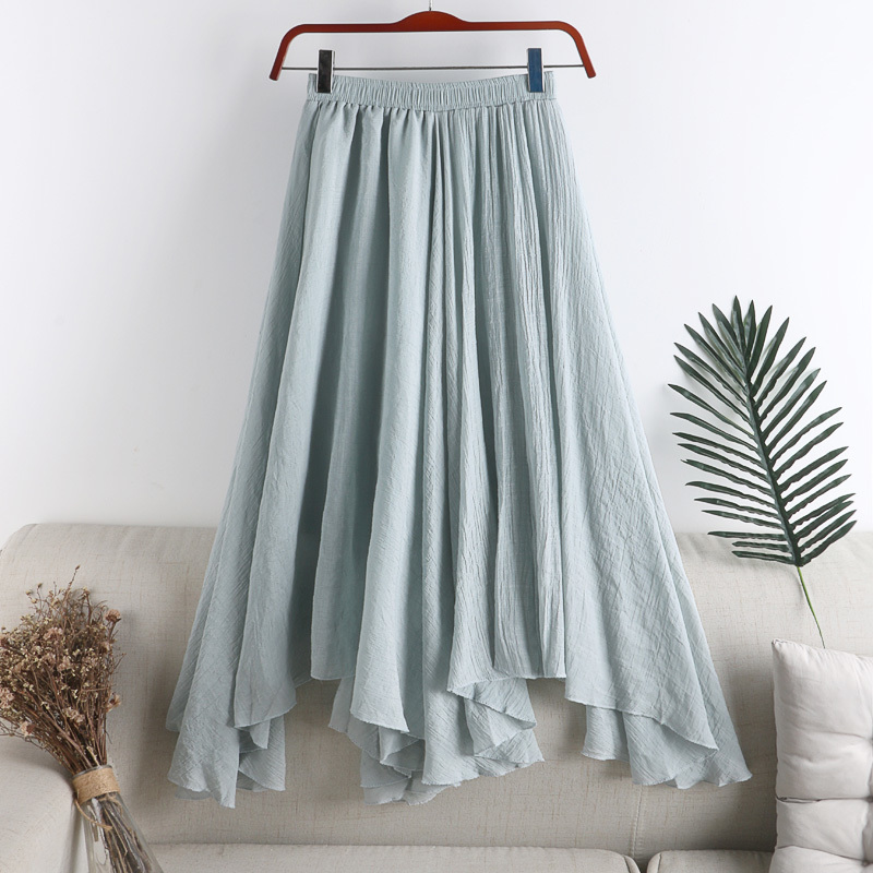 Linen Skirt Womens Spring Summer women Midi Solid Color wild Irregular Pleated blue black big swing Fishtail Skirt 220701