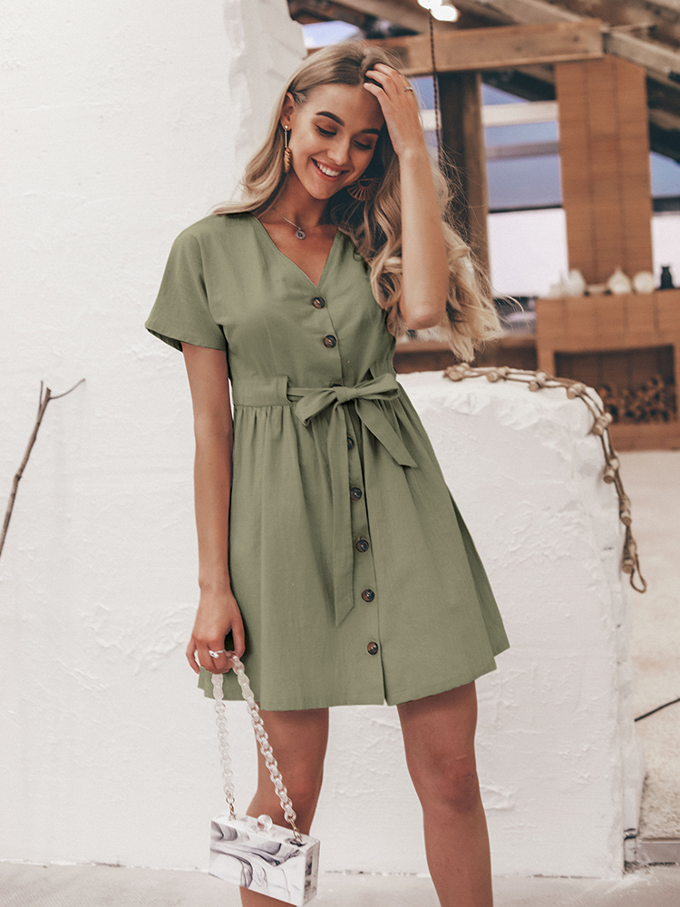 Vintage buttons women dress shirt V neck short sleeve cotton linen short summer office dresses Casual korean vestidos 220511