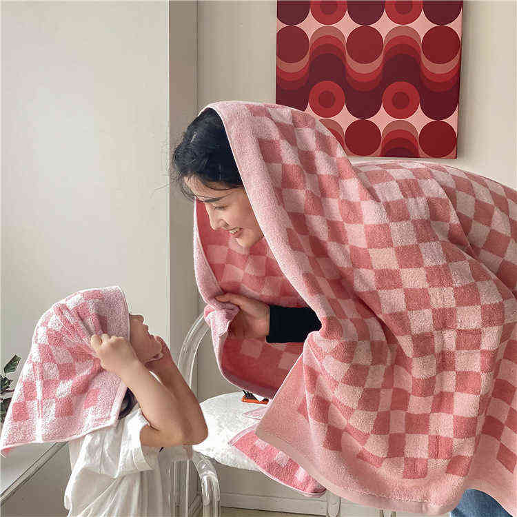 Ins Long-Staple Cotton Checkered Yarn-Dyed Towel Pure Cotton Plaid Contrast Color Soft Skin-Friendly Towel Plaid Bath Towel L220708