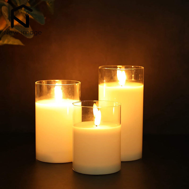 3pcs glass wax flameless candles 3d effect led candles white wax battery candles with 8key remote control home decor