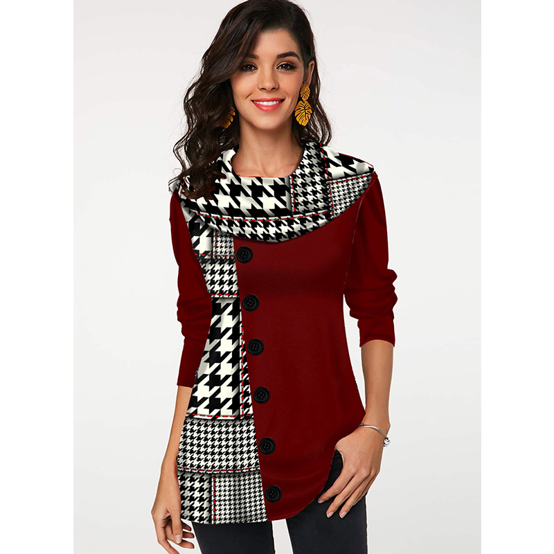 Spring Patchwork Printing Button Vintage T shirt Female Clothing Long Sleeve Fashion Top s Tunics Oversized shirts 5XL 220728