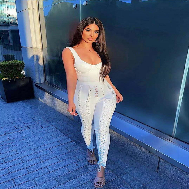 Women Top Quality Black White 2 Pieces Set Side Criss Cross Rayon Bandage Full Length Party Fashion 220315