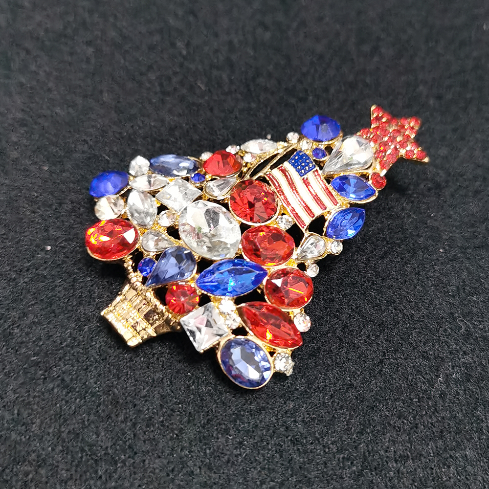 10 Pcs/Lot Custom American Flag Brooch Crystal Rhinestone Christmas Tree Shape 4th of July USA Patriotic Pins For Gift/Decoration