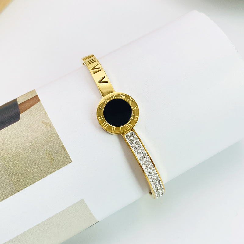 Half Diamond Insert Bangle Hollowed Roman Numerals Bracelet