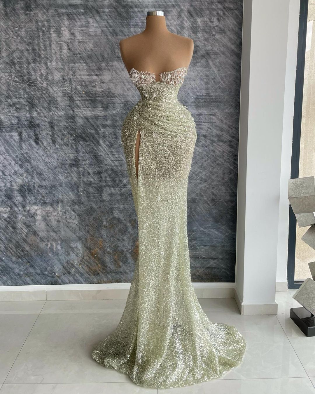 Plus Size Arabic Aso Ebi Silver Mermaid Luxurious Prom Dresses Crystals Sexy Evening Formal Party Second Reception Birthday Engagement Gowns Dress ZJ4