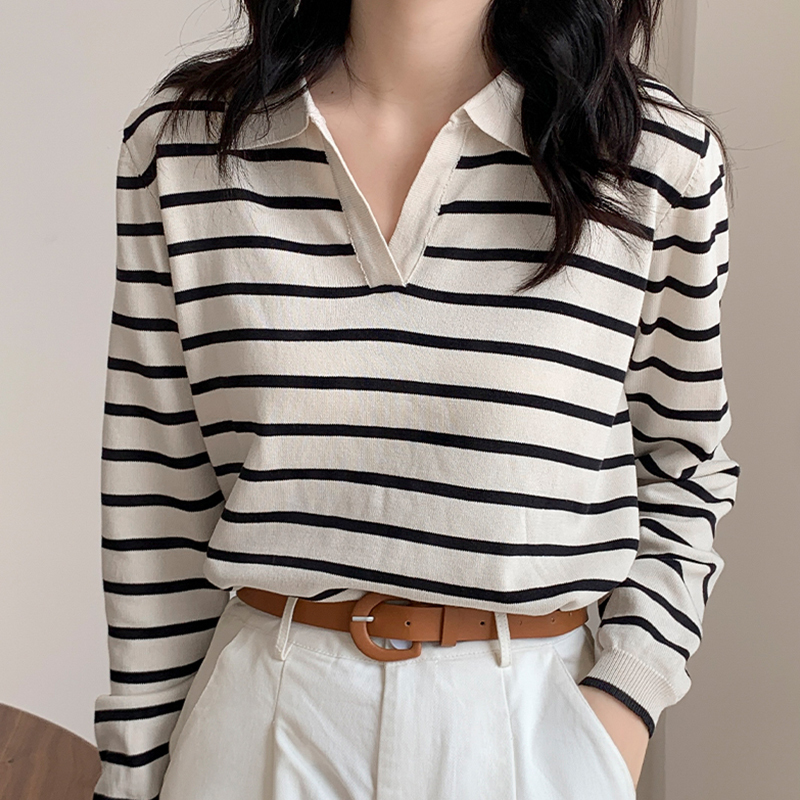 Autumn Stripe Women Tshirt Apricot Polo Collar Long Sleeve Top Casual All-match Korea Fashion Tee Shirt Femme 220321
