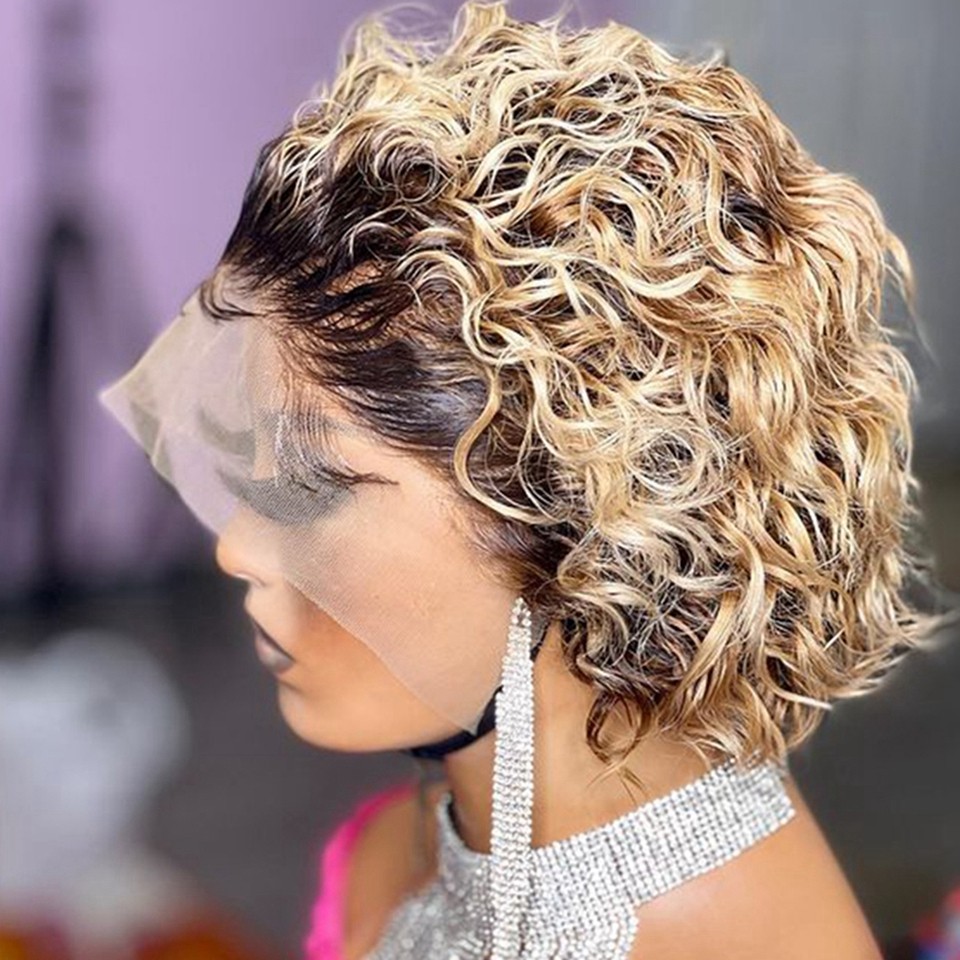 Short Bob Pixie Cut Human Hair Wigs Kinky Curly Ombre Blonde/Brown/Black Colored Bouncy Deep Wave Lace Front Wig for Women