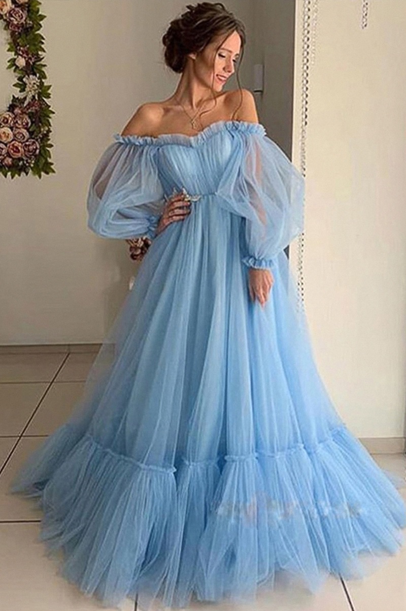 Elegant Dusty Blue Evening Dress Gown Off Shoulder Puff Prom Dresses Pleats V Neck Tulle Formal Party Gown Vestidos De Fiesta