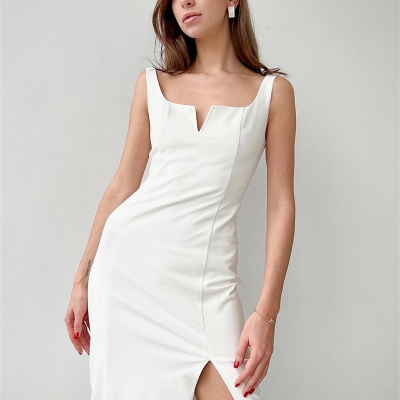 OOTN Elegant Women Dress Slit V-Neck Tank Slender Midi Dress Backless Stretch Office Sleeveless Party Summer Bodycon Dress Lady 220511