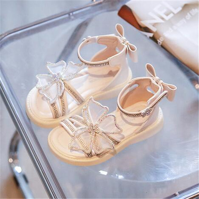 New Style Children Girl Sandals Summer Bow Rhinestone Princess Shoes Soft -bottom Kids Baby Open Toe Sandal
