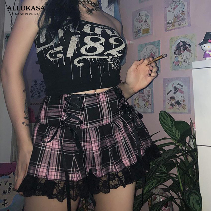 Lace Up Goth Y2K Woman Skirts Pink Stripe Plaid Trim Pleated School Skirt Punk Dark Academia Aesthetic E Girl Clothes 220317