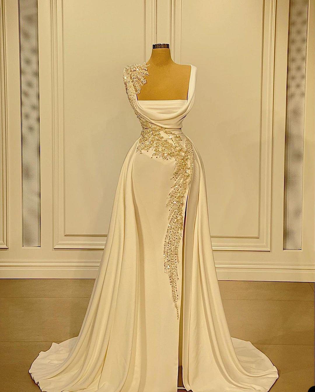 Square Neck Mermaid Evening Dresses with Overskirt 2022 Real Image Lace Beaded Sexy Slit Trumpet Prom Engagement Reception Gown