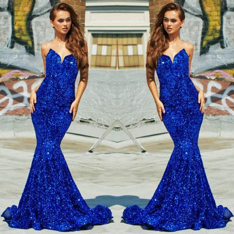 Sparkling Royal Blue Sequined Mermaid Evening Dresses Sweetheart Neck Sleeveless Long Women Formal Prom Party Gowns Sexy Sequin Trumpet Special Occasi