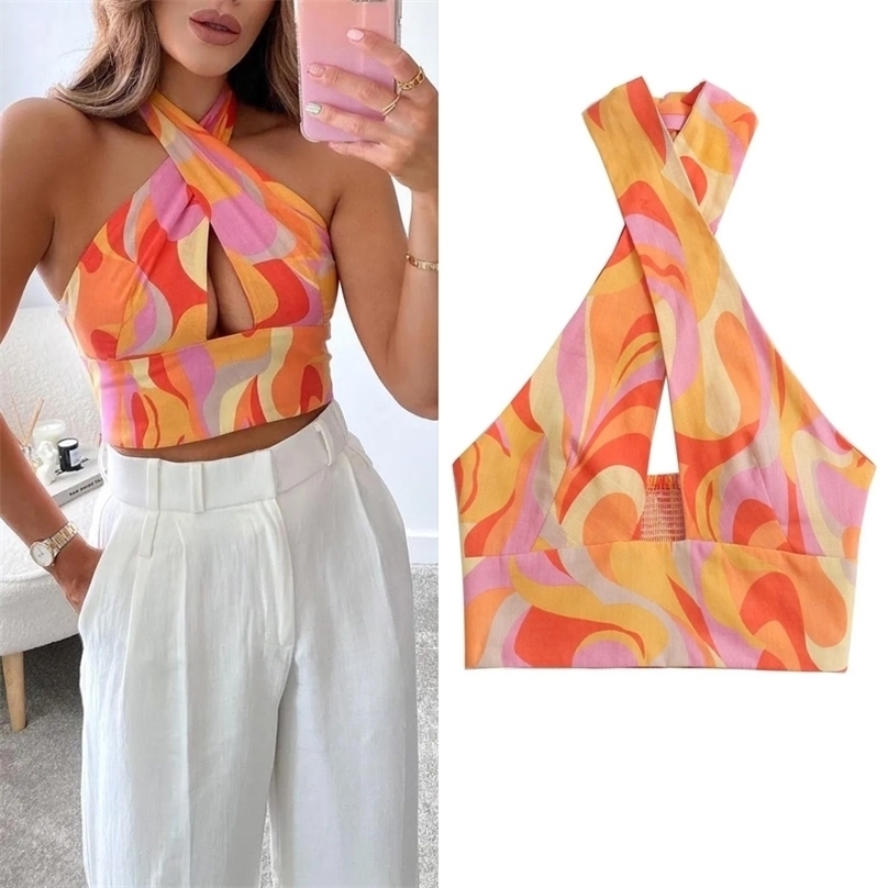 TRAF Halter Top Female Backless Crop Woman Print Sleeveless Summer s Ladies Fashion Tied Sexy Women Blouses 220325