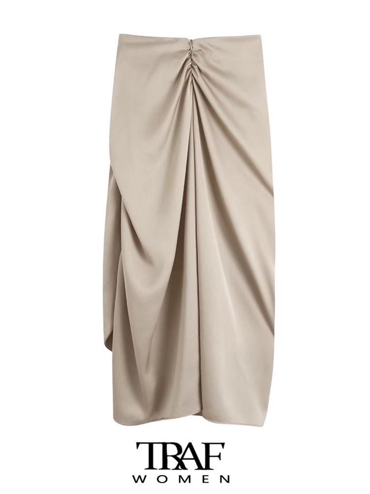TRAF Women Fashion With Knotted Gathered Front Slit Midi Skirt Vintage High Waist Back Zipper Female Skirts Mujer 220701