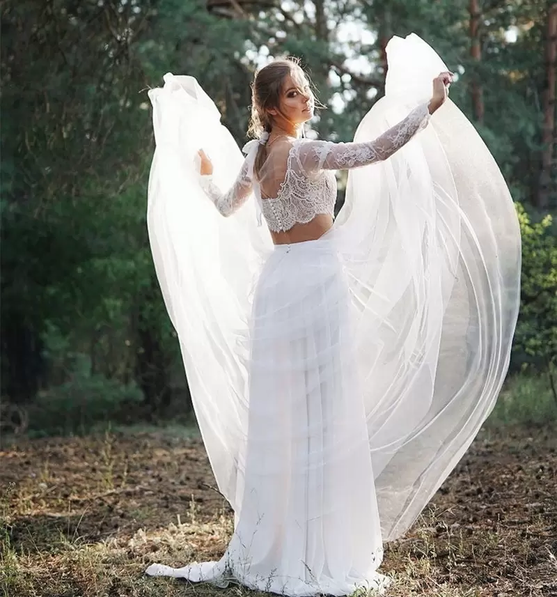Beach Boho Wedding Dresses Bridal Gown Two Piece Long Sleeves Covered Buttons Tulle Lace Applique Pleat Ruched Country Vestidos De Novia