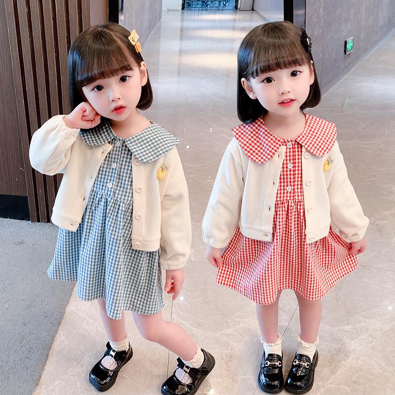 Clothing Sets Girls' Suits Skirts Autumn Clothes Western Style Knitted Jackets Doll Collar Plaid Dresses Two-piece Suit