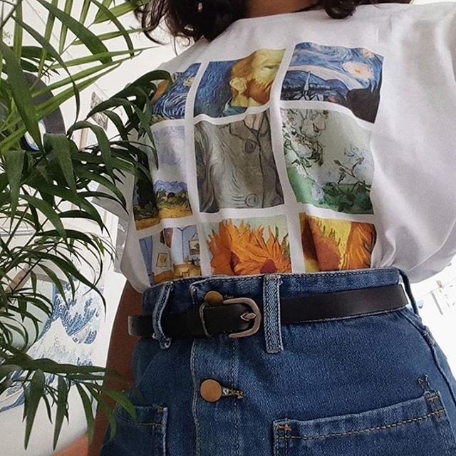 kuakuayu HJN Van Gogh Painting Vintage Fashion Aesthetic White T-Shirt 90s Cute Art Tee Hipster Grunge Top 220321