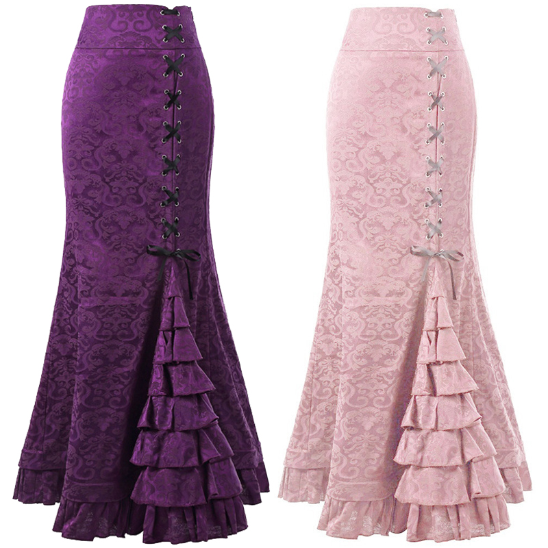Women Steampunk Trumpet Mermaid Skirts Layered Long Gothic Floral Brocade Jacquard Criss-cross Lacing Fishtail Maxi Skirt Multicolors