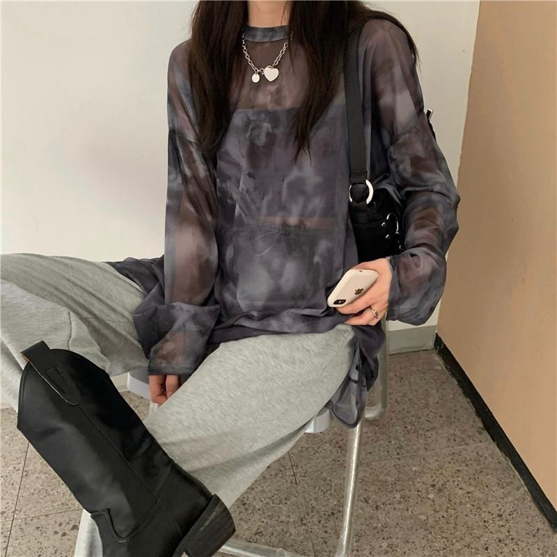 Tshirt Women Tie Dye Long Sleeve Ladies Spring Loose High Street Stylish Thin Leisure Minimalist Harajuku Ins Comfortable Chic 220527