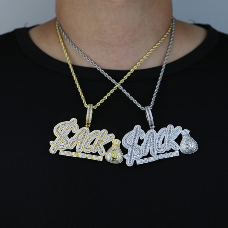 Iced Out Money Bag CZ Letter ACK Pendant Necklaces for Men Women Bling Cubic Zirconia Paved Charm Rapper Hip Hop Jewelry