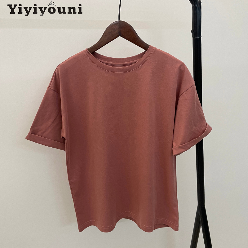 Yiyiyouni Summer Basic Cotton Loose T Shirts Women Solid Harajuku O Neck Short Sleeve Tees Shirt Female Casual Soft Khaki Tops 220321