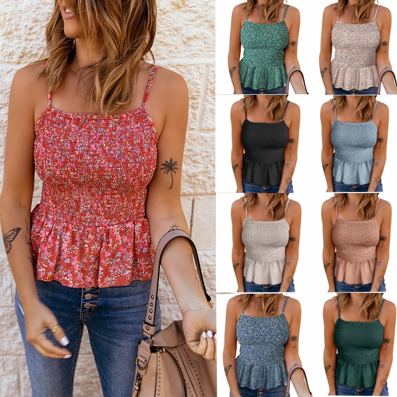 Women's Tanks Camis 2022 European beauty small suspenders pleated top women's spot solid color casual